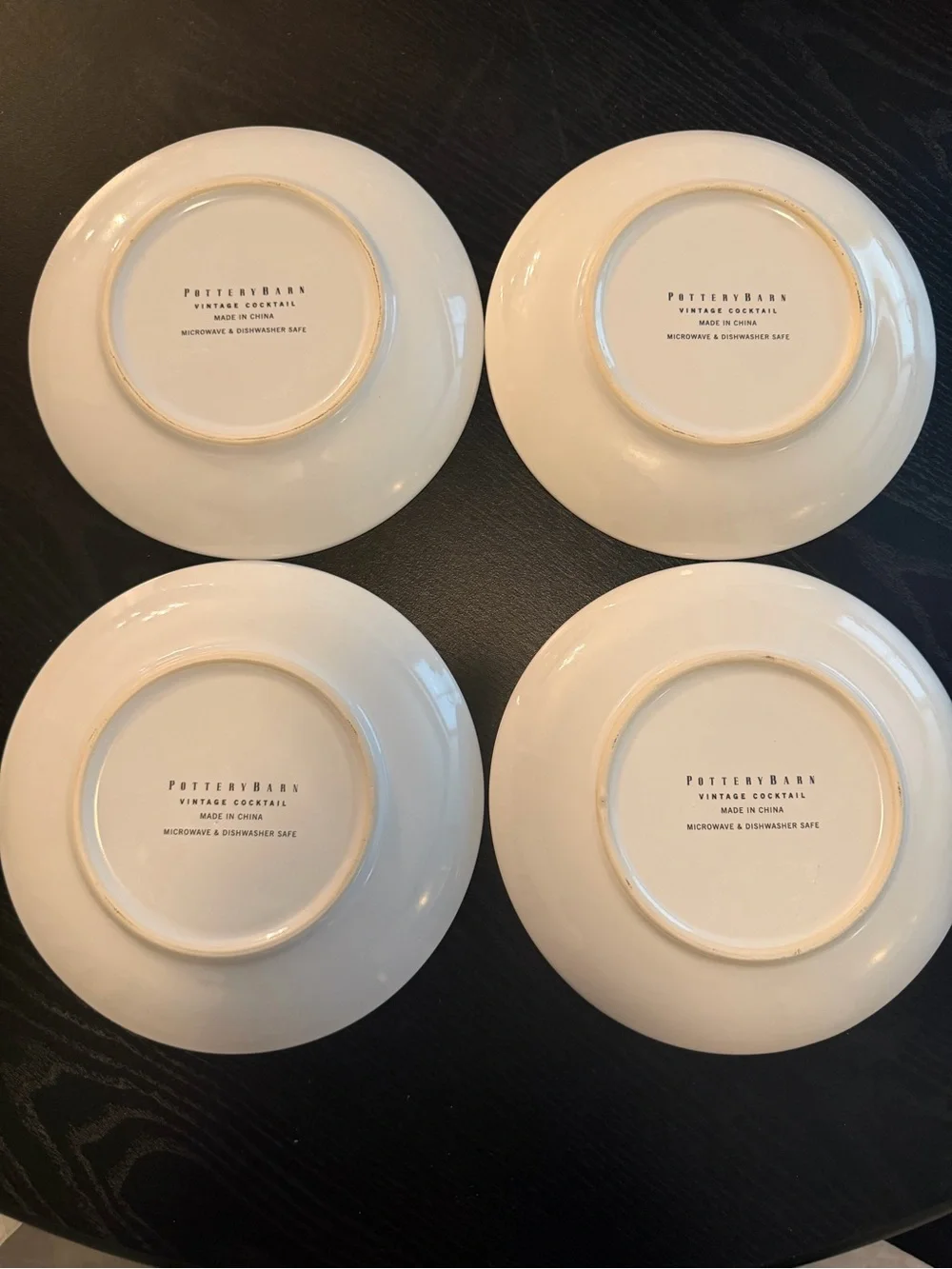 Pottery Barn White Ceramic Dessert Plates with Vintage Poster Decals - Set of 4